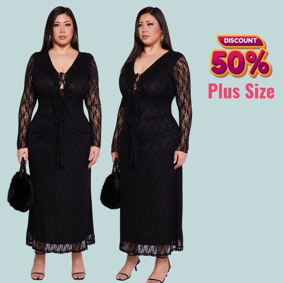 NEW NWT Curvy Plus 1X, 3X Black Lace Sexy Tie Bodice Maxi Dress Party Ready - Picture 5 of 8